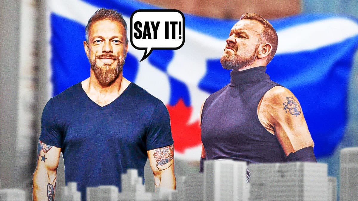 2024 Adam Copeland with a text bubble reading “Say it!” next to Christian Cage with the Toronto Flag as the background.