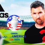 Lionel Messi in front of the Adidas and Copa America logo, wearing a full black jersey with a questionmark on it