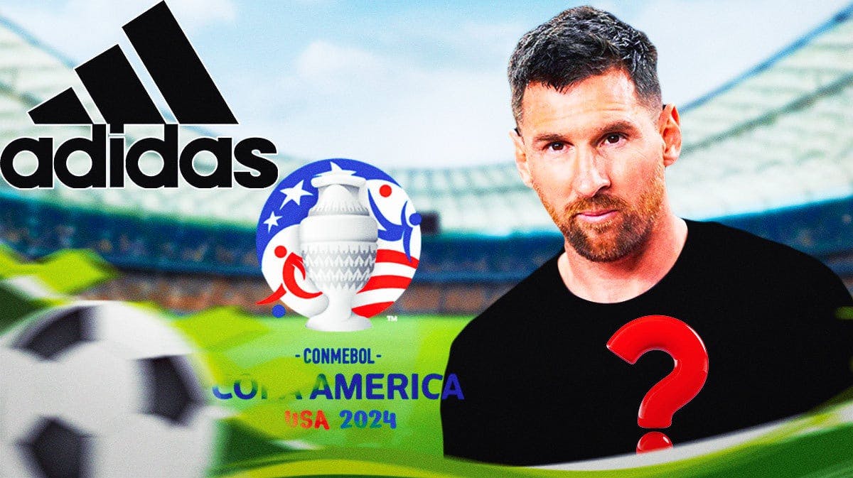 Lionel Messi in front of the Adidas and Copa America logo, wearing a full black jersey with a questionmark on it