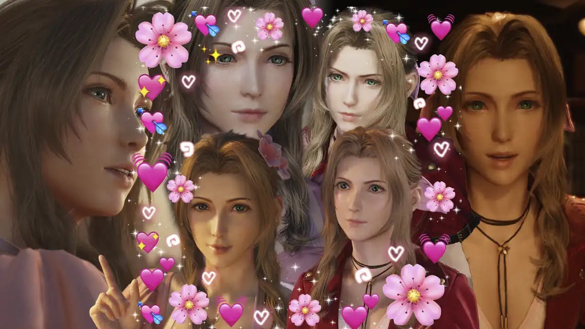 aerith romance, ff7 rebirth aerith romance, aerith romance guide, ff7 rebirth aerith, ff7 rebirth, a collage of aerith screenshots from ff7 rebirth with a flower frame in the center