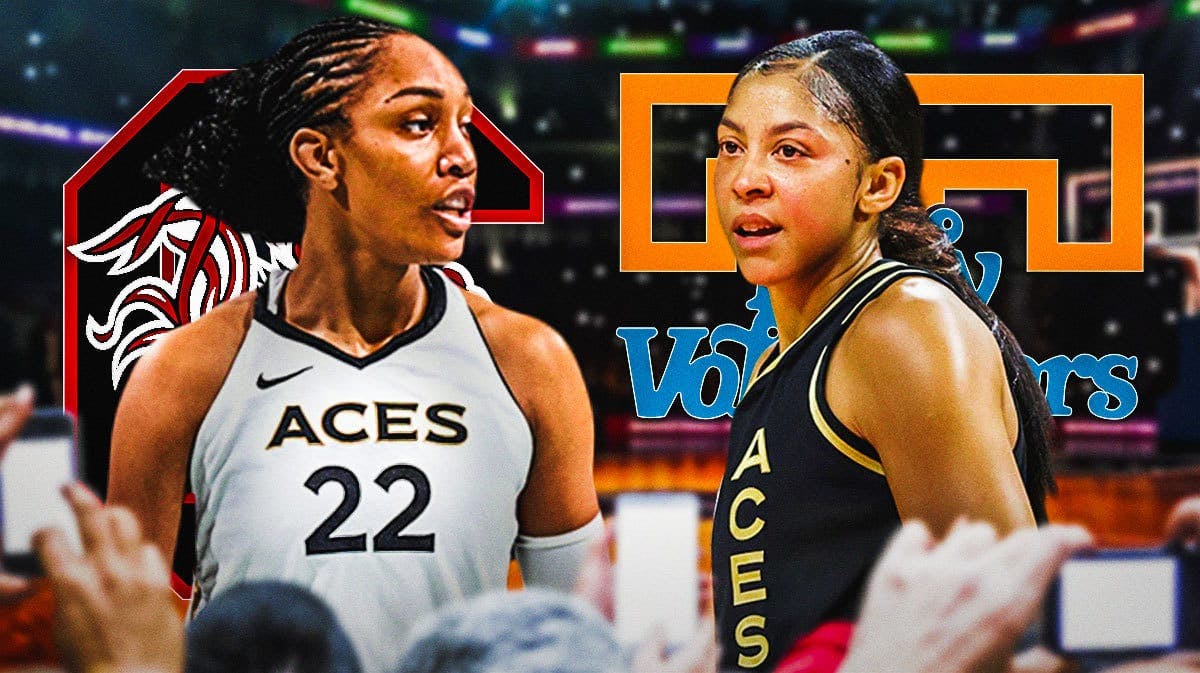 WNBA players A’ja Wilson and Candace Parker, with the South Carolina women's basketball Gamecocks logo behind A’ja Wilson, and the Tennessee Lady Vols logo behind Candace Parker