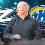 Kent State head coach Rod Senderoff with a tear in his eye and the Kent State and Akron Zips logos in the background, MAC Tournament