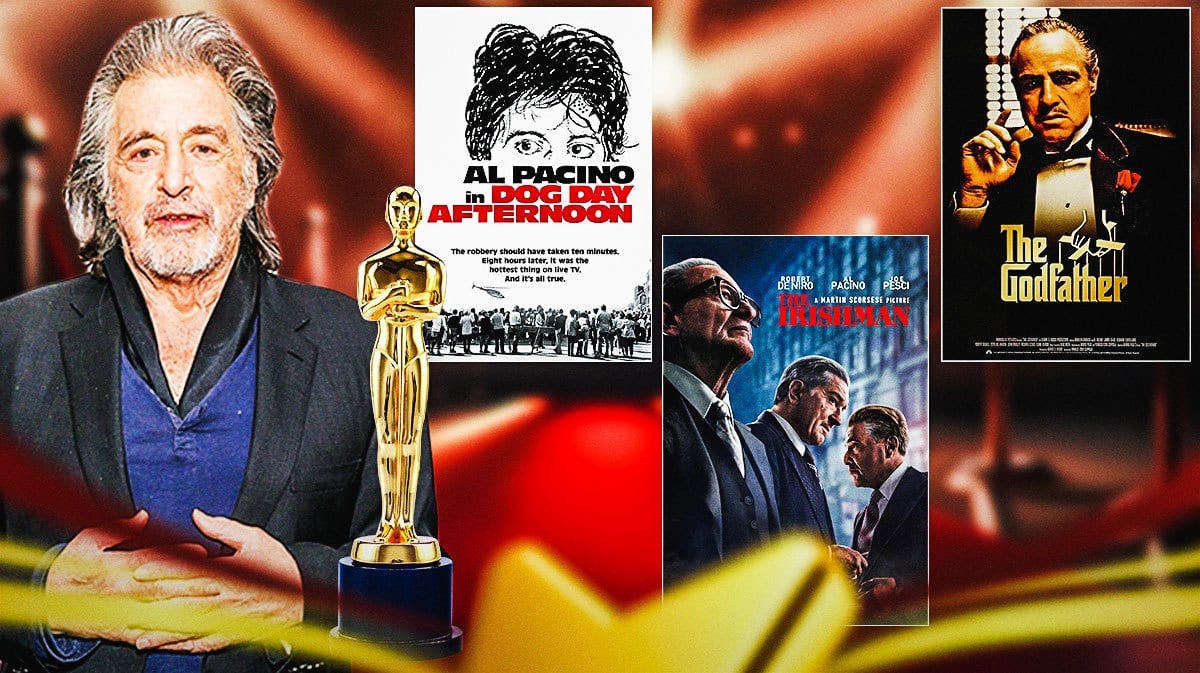 Al Pacino with Oscars trophy and posters of Dog Day Afternoon,The Irishman, and The Godfather.