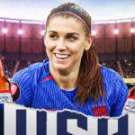 Alex Morgan celebrating in front of the USWNT logo with beer bottles around her
