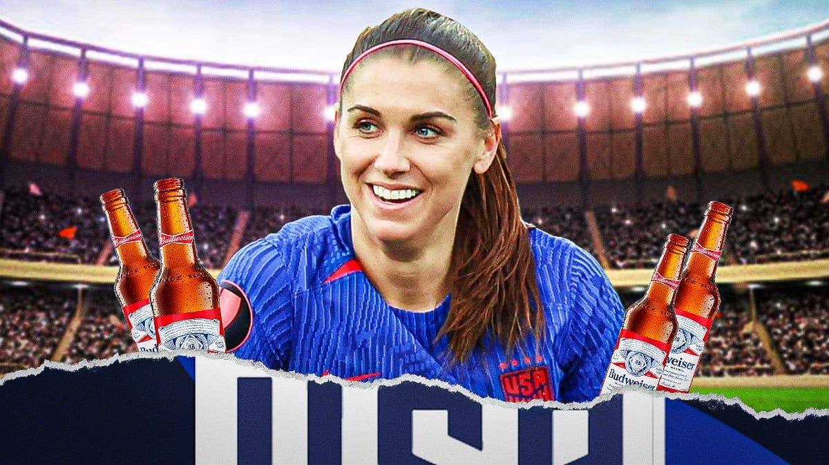 Alex Morgan celebrating in front of the USWNT logo with beer bottles around her