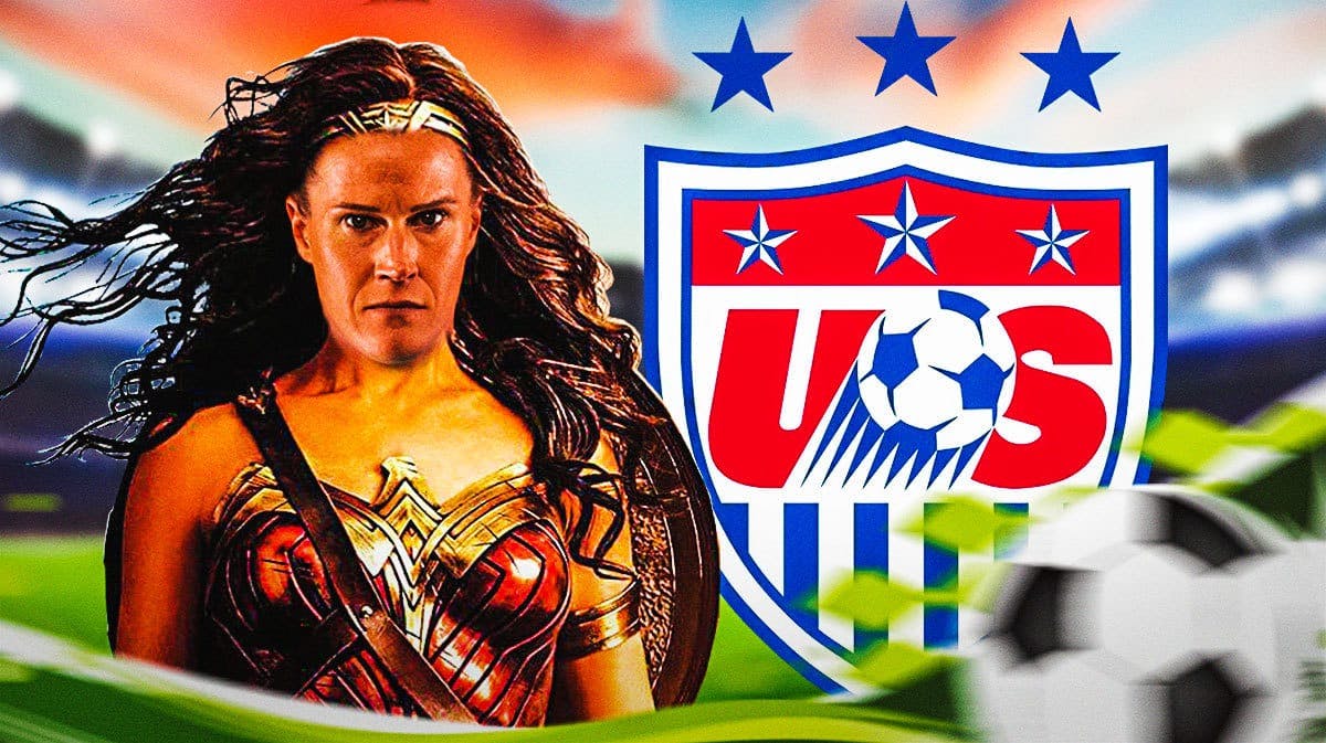 Alyssa Naeher as wonder woman in front of the USWNT logo