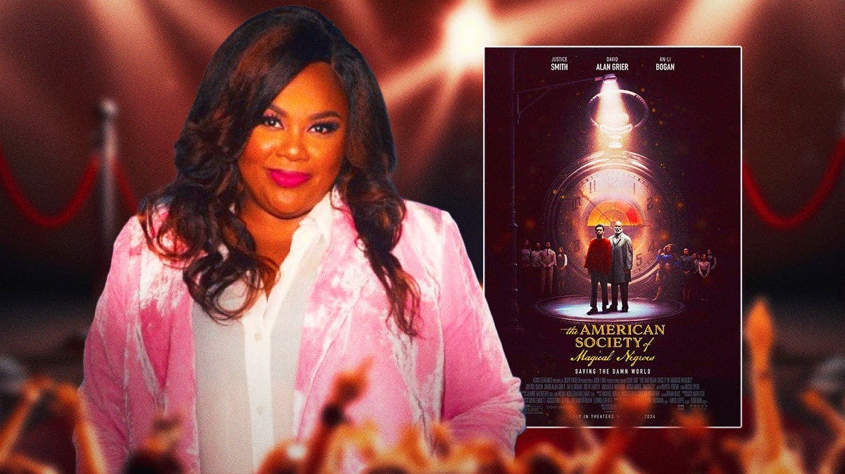 Nicole Byer with poster of The American Society of Magical Negroes.