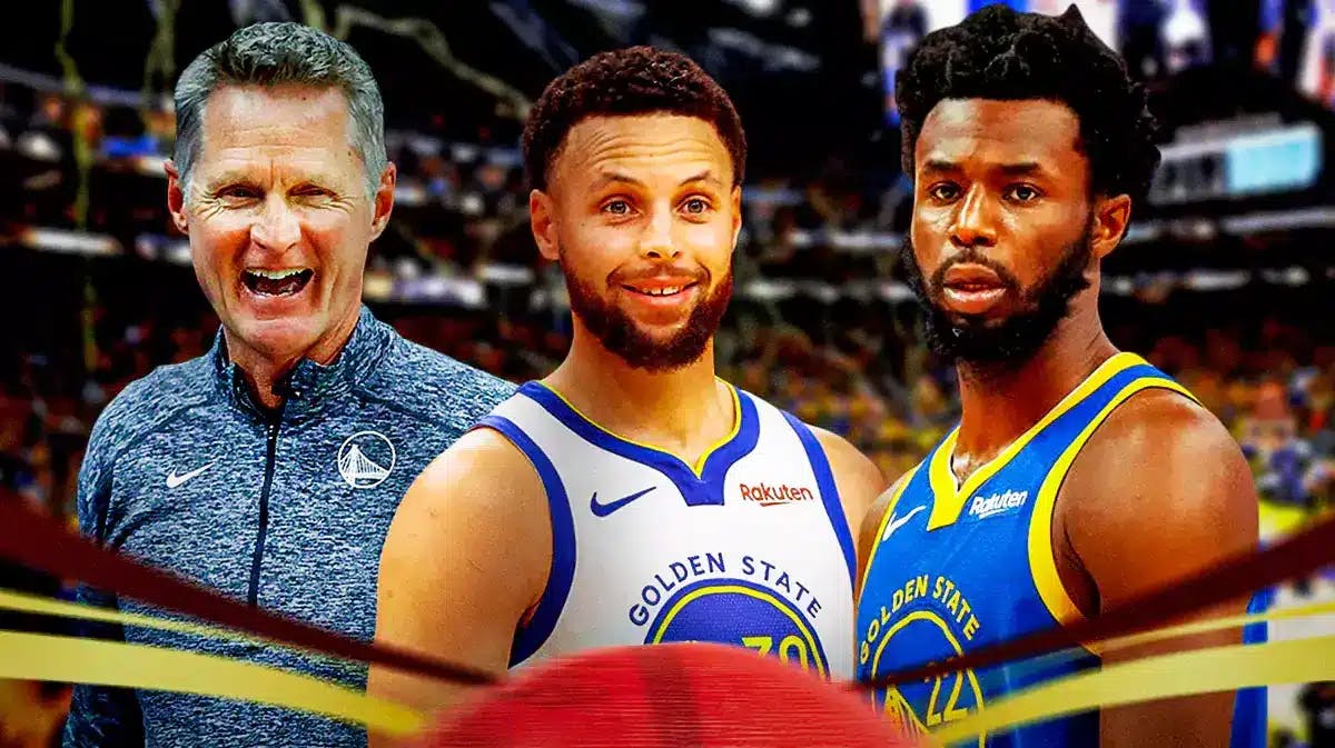 Warriors' Andrew Wiggins next to Stephen Curry and Steve Kerr