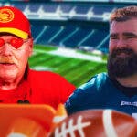 Chiefs Andy Reid with hearts in his eyes next to Eagles Jason Kelce