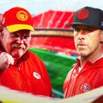 Andy Reid on one side with a speech buble that says “Here’s how to win a Super Bowl” Kyle Shanahan on the other side with the big eyes emoji over his face