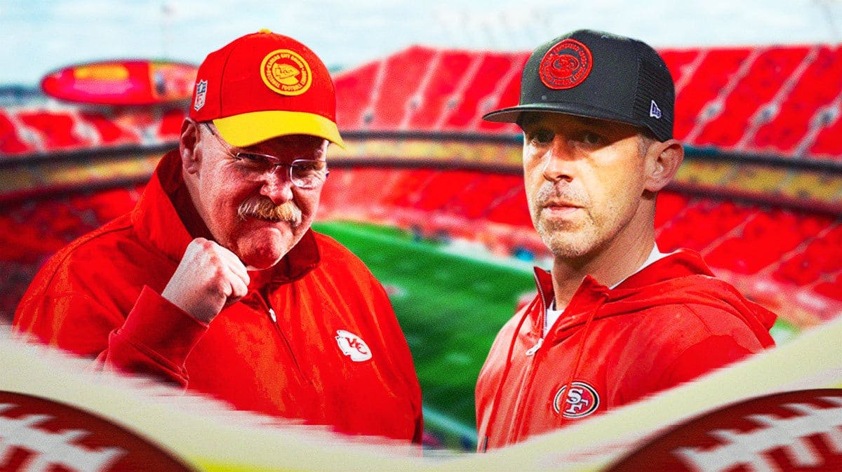 Andy Reid on one side with a speech buble that says “Here’s how to win a Super Bowl” Kyle Shanahan on the other side with the big eyes emoji over his face