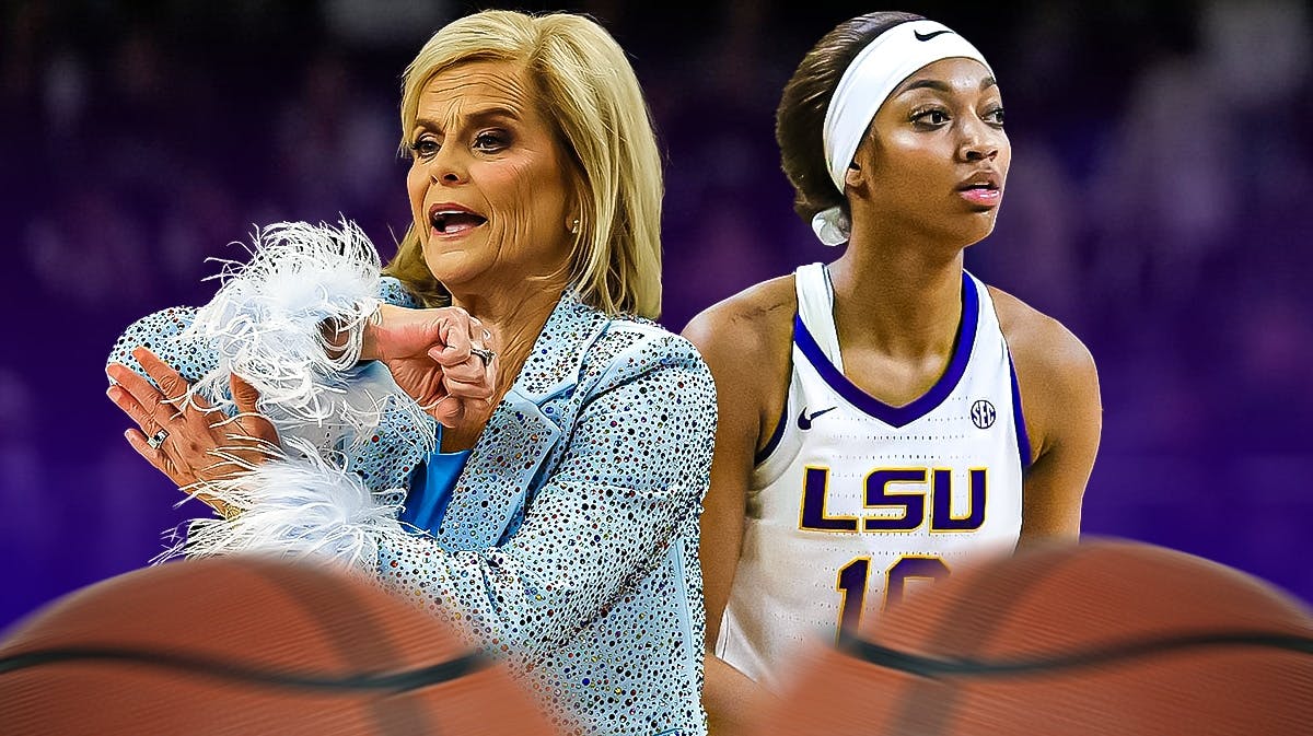 Angel Reese alongside Kim Mulkey with the LSU Tigers logo in the background, March Madness Rice