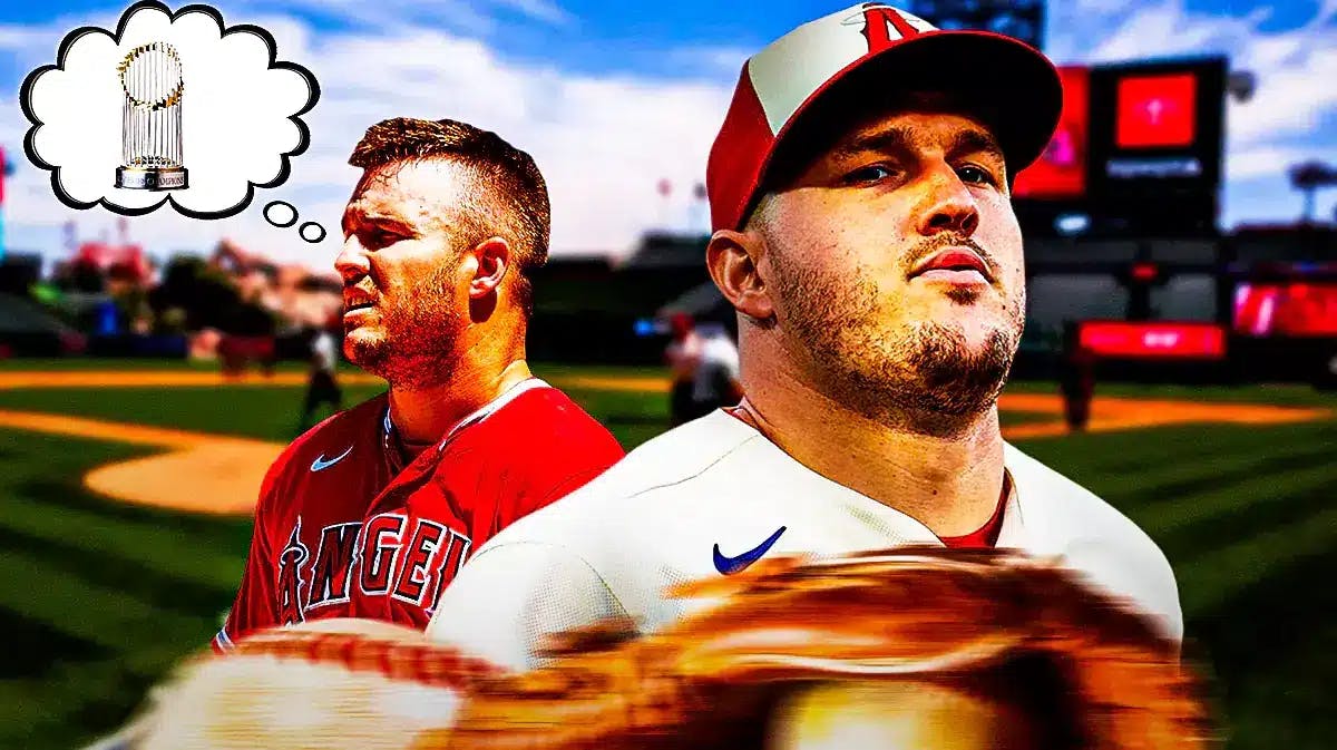 Angels’ Mike Trout hyped up, with a thought bubble containing image of World Series trophy