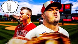 Angels’ Mike Trout hyped up, with a thought bubble containing image of World Series trophy
