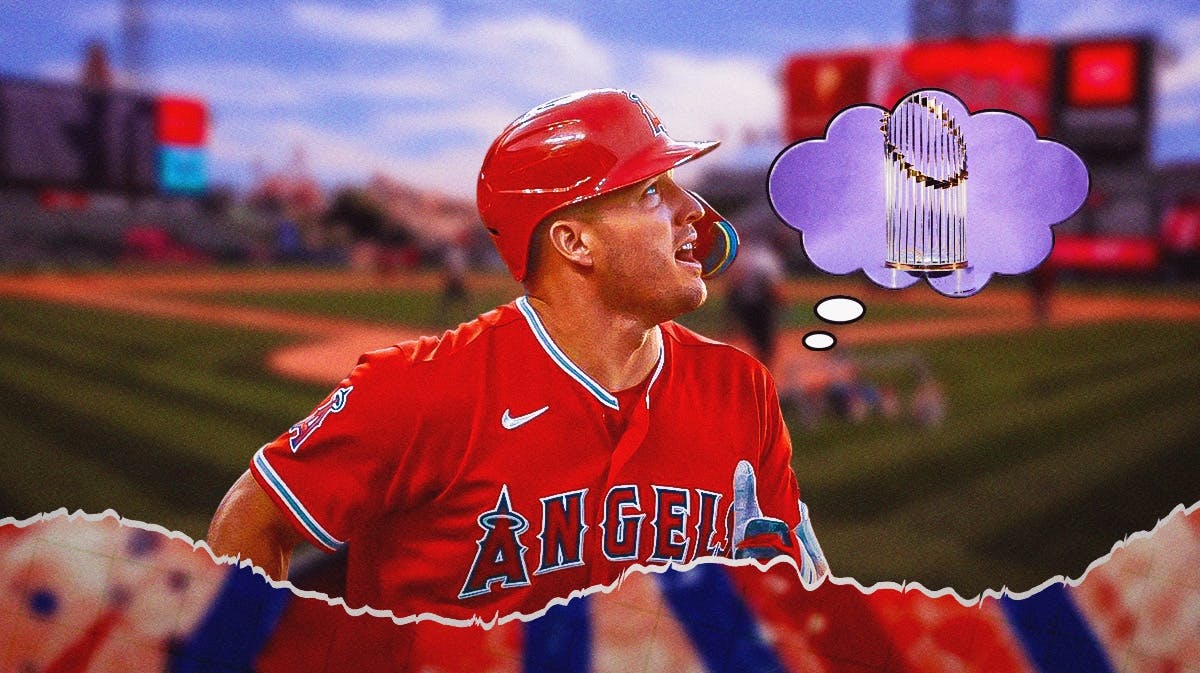 Angels' Mike Trout with a thought bubble. In the bubble, place the MLB World Series trophy.