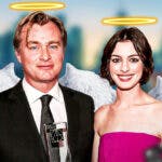 Anne Hathaway and Christopher Nolan with angel wings and halos.