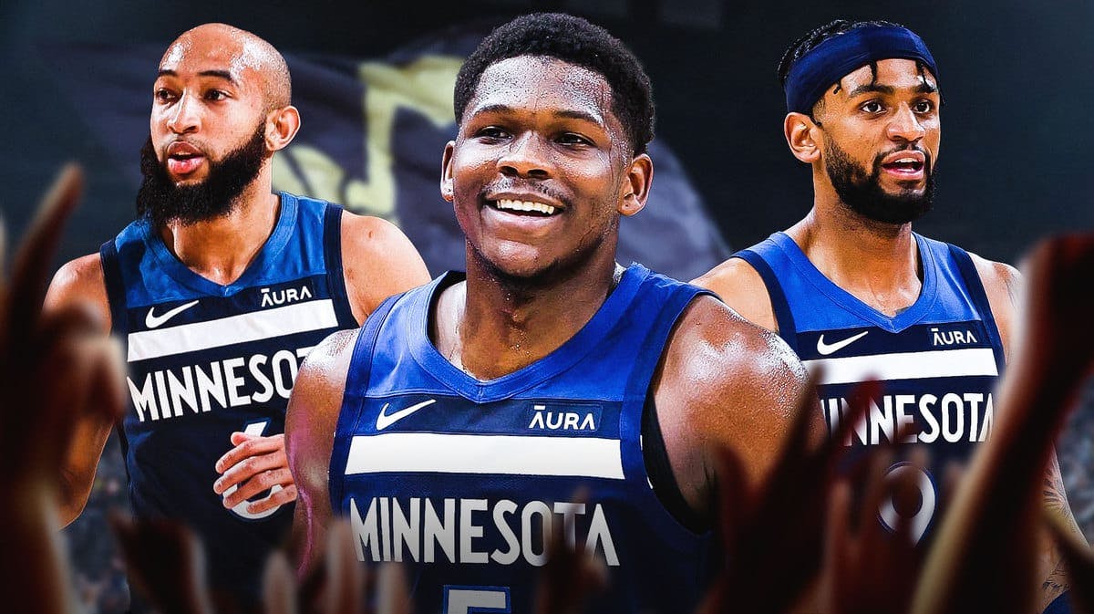 Timberwolves' Anthony Edwards, Nickeil Alexander-Walker and Jordan McLaughlin in Delta Center (Utah Jazz arena)