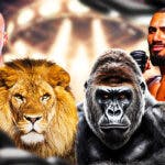 Anthony Smith in front of a Lion facing off Vitor Petrino in front of a Gorilla