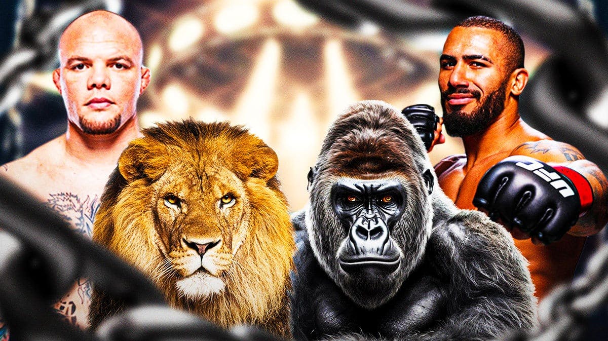 Anthony Smith in front of a Lion facing off Vitor Petrino in front of a Gorilla