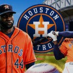 Yordan Alvarez next to an Astros logo and Yordan Alvarez swinging a bat