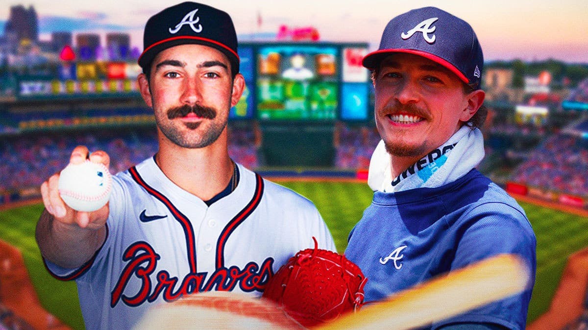 Braves pitchers Max Fried and Spencer Strider looking at each other.