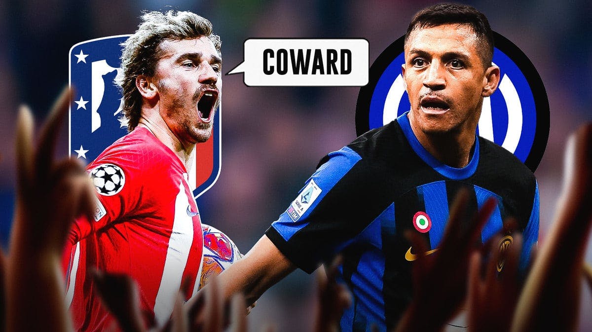 Antoine Griezmann saying: ‘Coward’ next to Alexis Sanchez, the Atletico Madrid and Inter Milan logos behind them