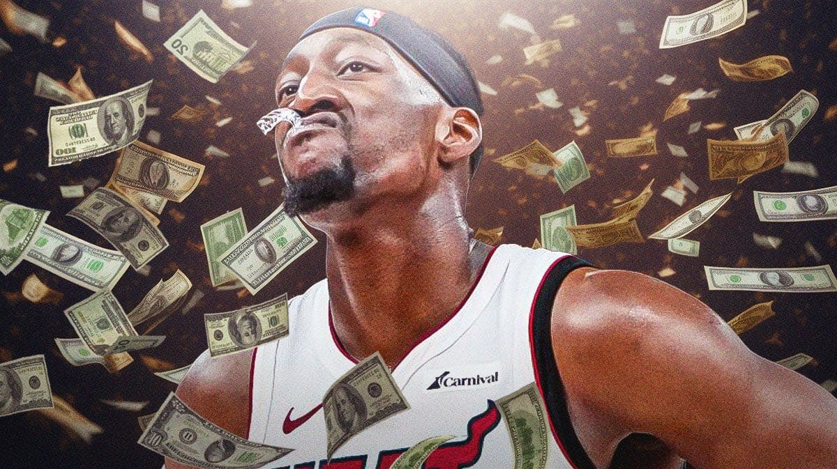 Bam Adebayo surrounded by piles of cash.