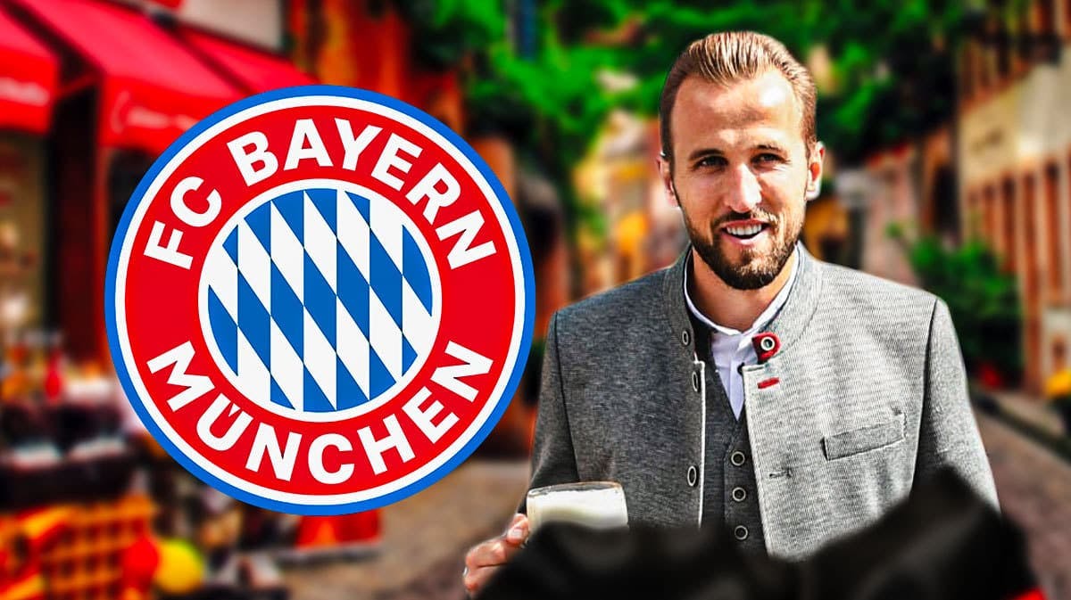 Harry Kane wearing a traditional German outfit, the Bayern Munich logo behind him