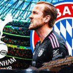 Harry Kane celebrating inbetween the Bayern Munich and Tottenham logos