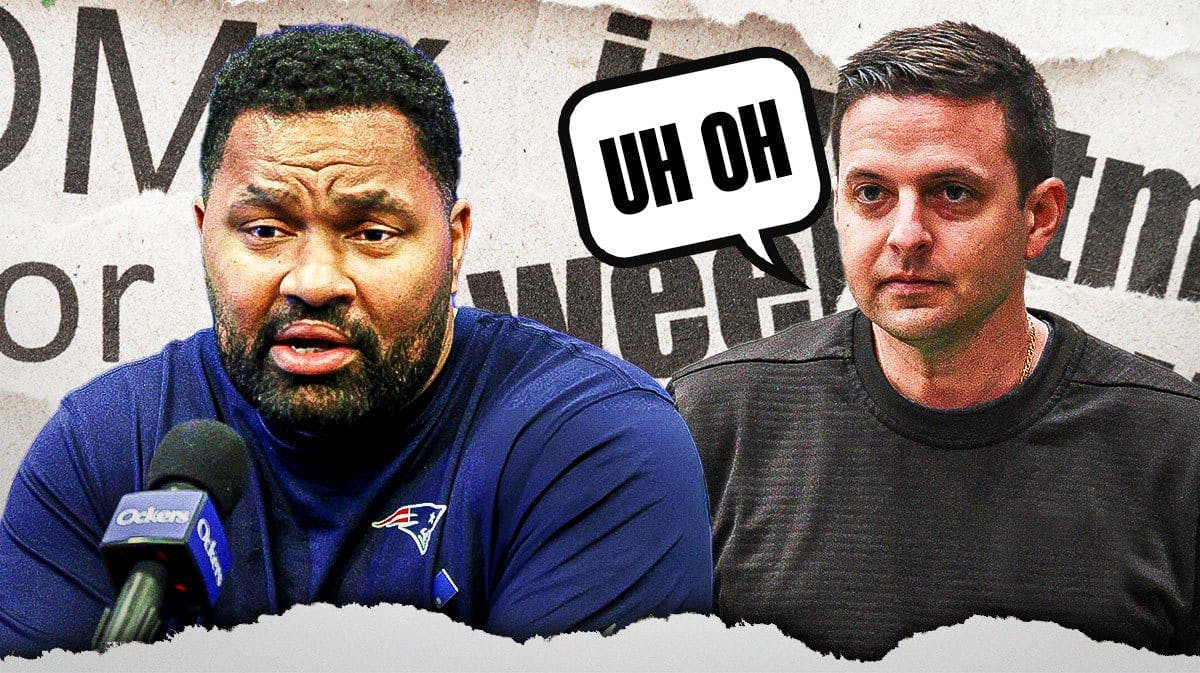 A newspaper as the background, Jerod Mayo and Eliot Wolf with a speech bubble that says “Uh oh”