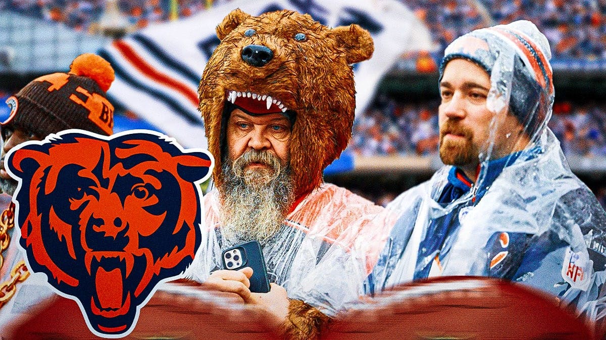 Chicago Bears fans looking worried. Bears logo on the left.