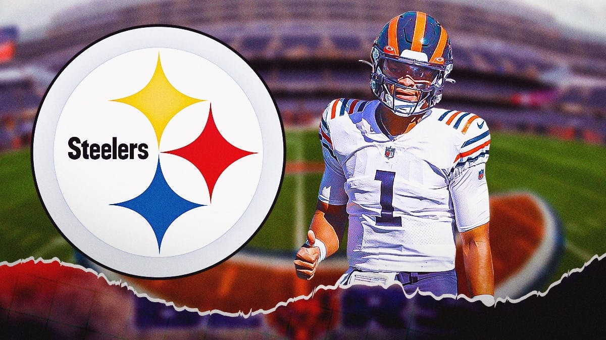 Pittsburgh Steelers logo on left, Justin Fields on the right in Bears uniform.