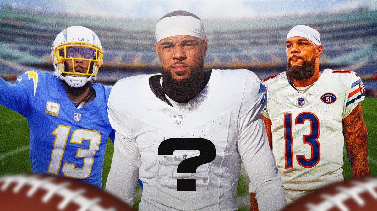 Keenan Allen in a Chargers jersey on left, Keenan Allen in a blank jersey with a question mark on it in middle, Keenan Allen in a Bears jersey on right