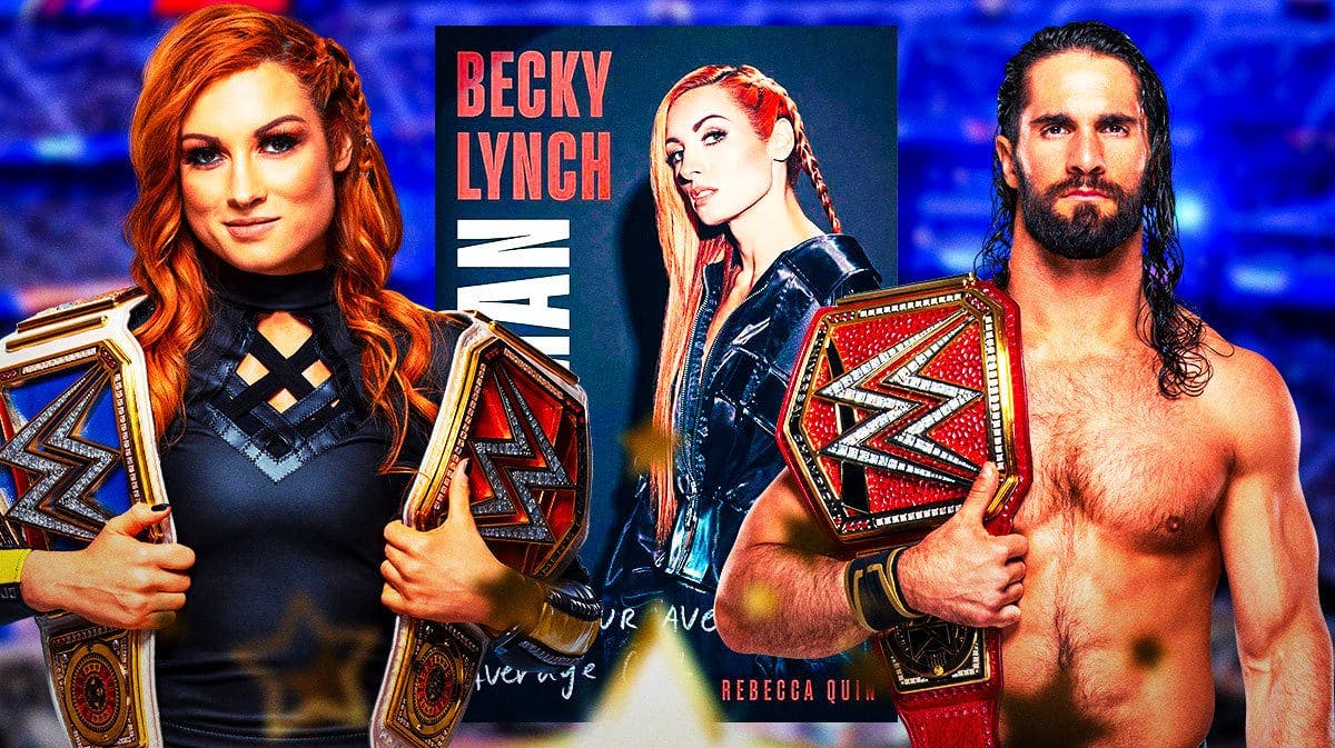 WWE stars Becky Lynch and Seth Rollins with memoir cover The Man: Not Your Average Average Girl.