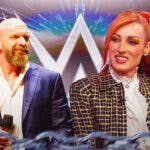 Becky Lynch with a text bubble reading “Thanks Paul” next to Triple H with the WWE logo as the background.