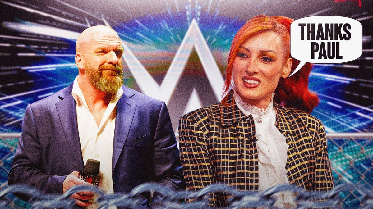 Becky Lynch with a text bubble reading “Thanks Paul” next to Triple H with the WWE logo as the background.