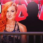 Becky Lynch with a text bubble reading “Thanks” next to the blacked-out silhouette of Mick Foley with the RAW logo as the background.