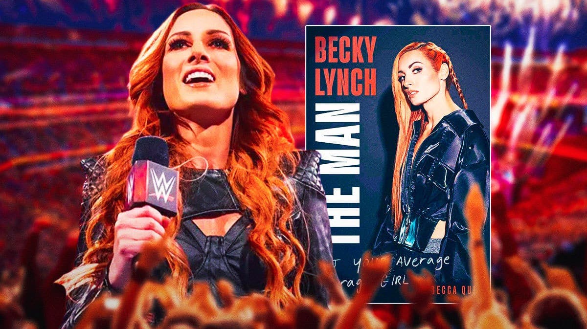WWE star Becky Lynch next to book cover of her memoir The Man: Not Your Average Average Girl.