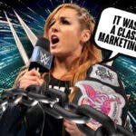 Becky Lynch with a text bubble reading “It was such a classical marketing thing” holding the Divas Championship belt with the WWE logo as the background.
