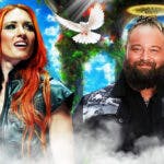 Becky Lynch next to Bray Wyatt with WWE logo and a heavenly motif as the background.