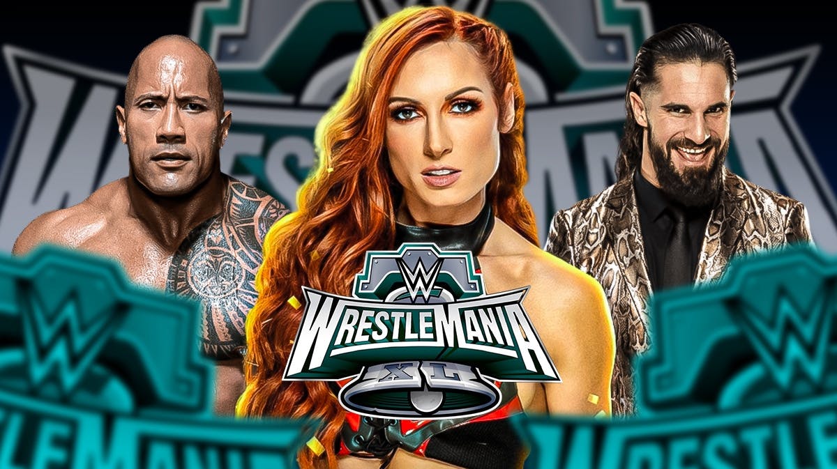 Becky Lynch with The Rock on her left and Seth Rollins on the right with the WrestleMania 40 logo as the background.
