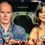 Michael Keaton and Jenna Ortega in front of Beetlejuice 2 poster.