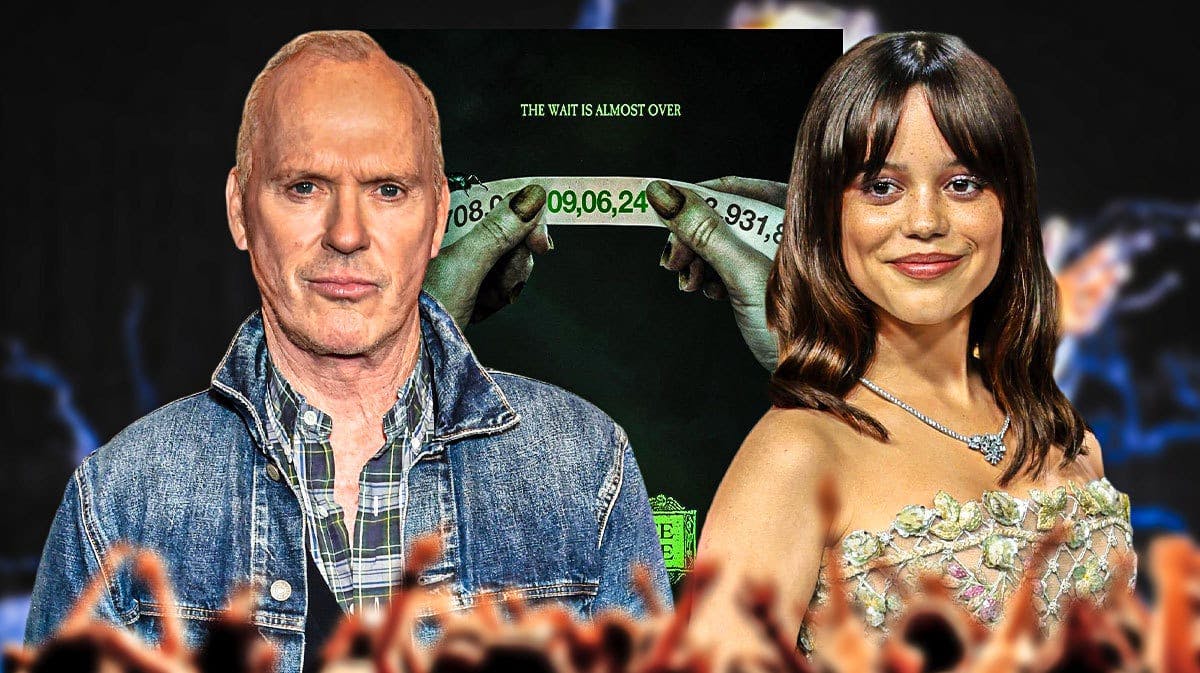 Michael Keaton and Jenna Ortega in front of Beetlejuice 2 poster.