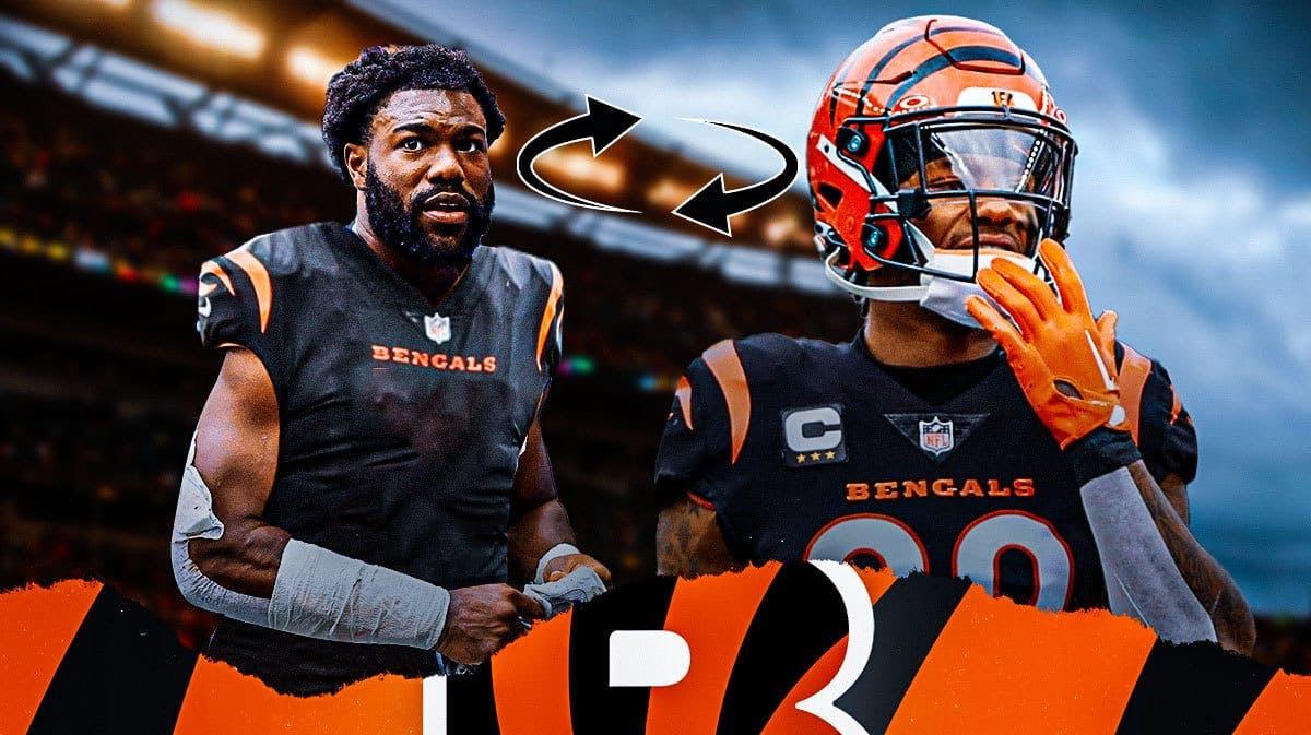 Joe Mixon looking confused at Zack Moss in a Bengals uni with the exchange symbol between the two