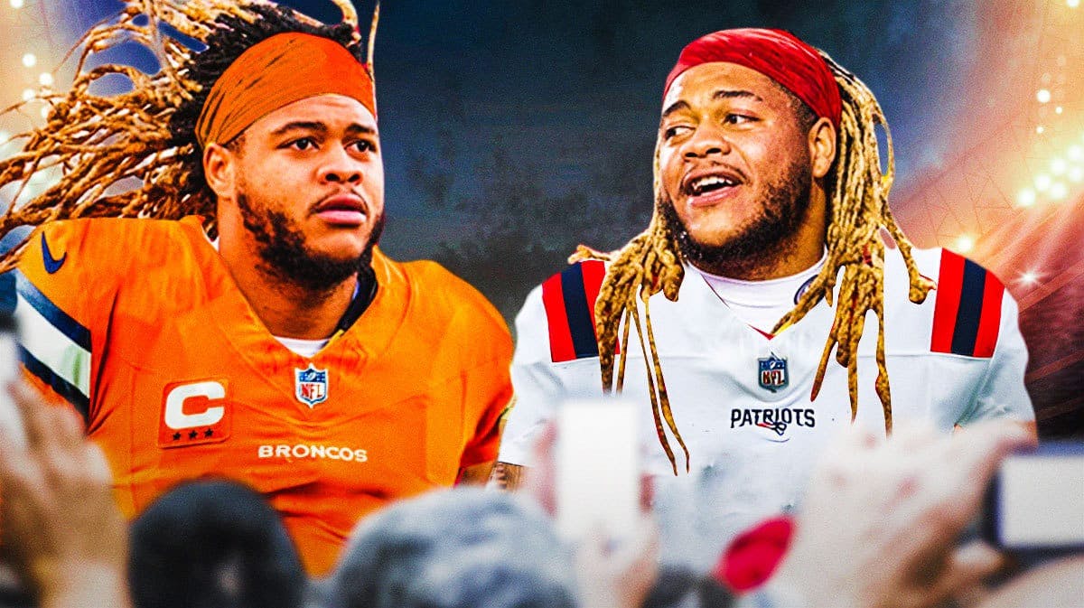 Chase Young on one side in a Denver Broncos uniform, Chase Young on the other side in a New England Patriots uniform