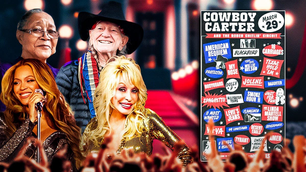 The album art for Cowboy Carter, alongside pics of Beyoncé, Dolly Parton, Willy Nelson and Linda Martell