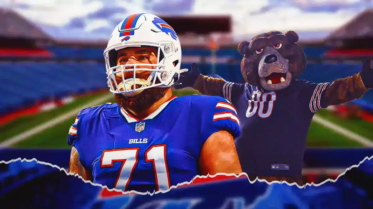 Ryan Bates (Bills) with Chicago Bears mascot in the background