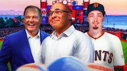 Scott Boras, Farhan Zaidi, Blake Snell (Snell in a Giants uniform) all smiling or laughing. Oracle Park background.
