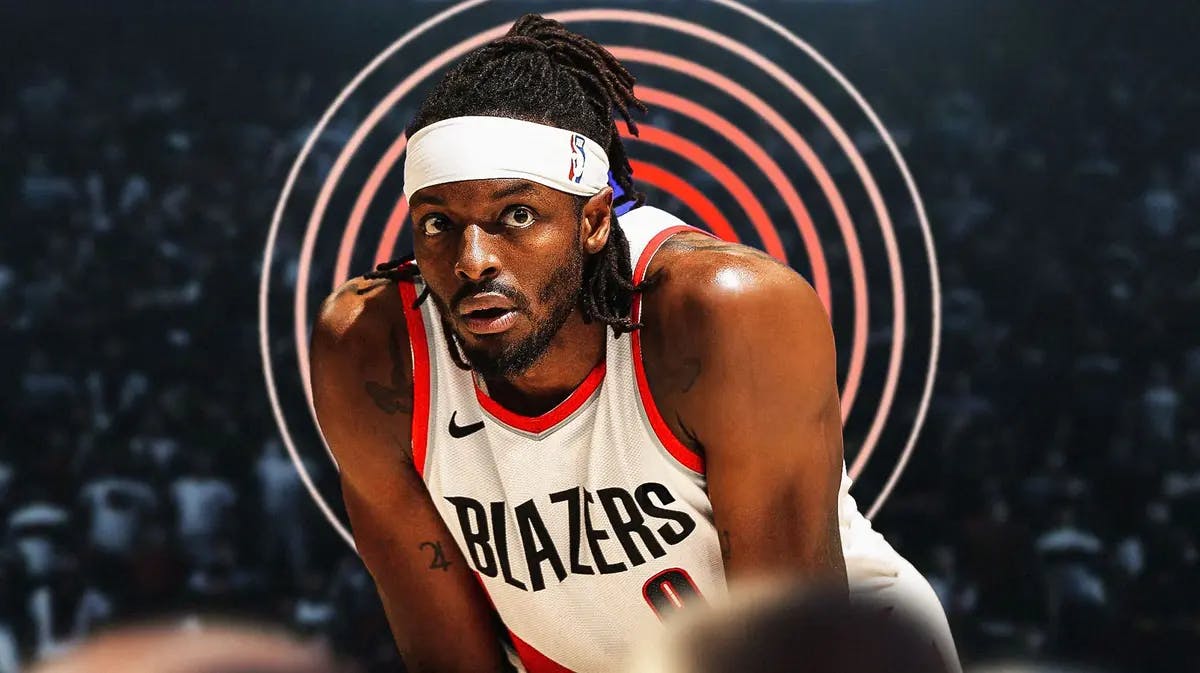 Jerami Grant (Blazers) with concerned look and aching symbol in the background