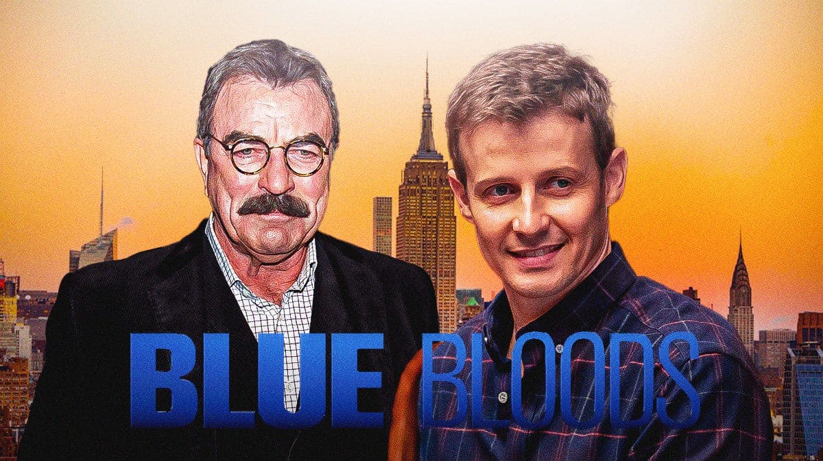 Blue Bloods logo with New York City background and Tom Selleck and Will Estes.